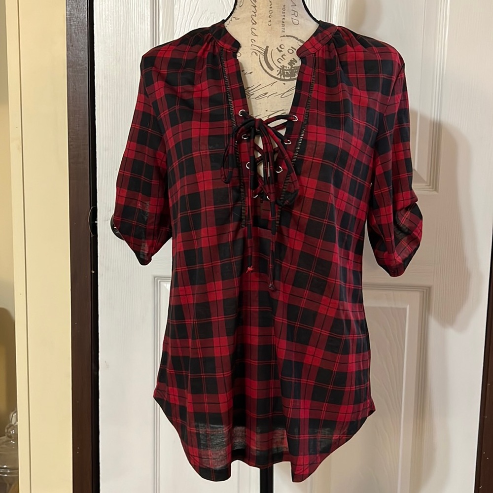 Lace front plaid shirt
